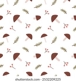 Autumn seamless pattern with berries, various mushrooms and fir branches on a white background.