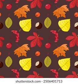 autumn seamless pattern of berry and chestnut and leaves on a dark background
