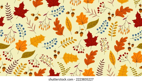 Autumn seamless pattern with berry, plants, leaves, acorns. Charming autumn pattern. Seamless pattern on an autumn theme. Hand drawn. Vector illustration