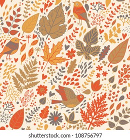 Autumn seamless pattern with birds