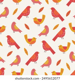 Patrón sin fisuras de otoño con pájaros y hojas sobre fondo blanco. Perfecto para saludos de temporada, Fondo de pantalla, papel de regalo, tela. Ilustración vectorial
