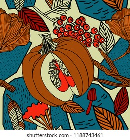Autumn seamless pattern, birds and plants. Fashion design.