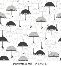 Autumn seamless pattern with black and white umbrellas on light background. Vector illustration for fabric, textile, wallpaper, posters, gift wrapping paper, napkin, pajamas. Print for children.