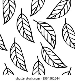 Autumn seamless pattern with black and white leaves. Outline floral vector illustration for fabric, textile, wallpaper, posters, paper. Doodle style. Hand drow design.