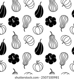 Autumn seamless pattern with black and white pumpkins, fall harvest. Vector hand drawn illustration. Repeating autumnal background with fall vegetables.The image created without the any artificial int