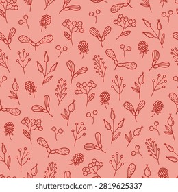 Autumn seamless pattern with blackberries, briar, rowanberry and leaves on pink background. Perfect for wallpaper, gift paper, greeting cards. Vector outline hand drawn illustration