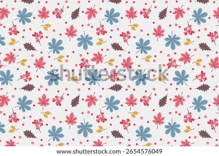 Autumn seamless pattern with blue chestnut leaves, red maple, yellow foliage, and berries on light background – fall vector swatch in swatches panel