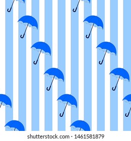 Autumn seamless pattern with blue umbrellas on striped background. Vector illustration for fabric, textile, wallpaper, posters, gift wrapping paper.  Print for children. Doodle style. 