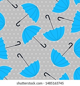 Autumn seamless pattern with blue umbrellas and white circles on grey polka dot background. Print for children.Template design for invitation, poster, card, flyer, banner.