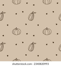 Autumn patrón sin fisuras estilo boho con calabazas y hojas de otoño. Ilustración vectorial del fondo repetitivo ornamento de otoño. Para textil, envoltura, tarjeta, polígrafo, papel pintado, papel tapiz. Dibujo de mano 