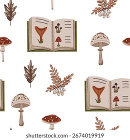 Padrão contínuo de outono de livro, cogumelo e baga em estilo plano
