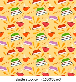 Autumn seamless pattern with books, leaves and mugs of coffee