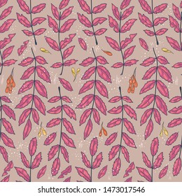Autumn seamless pattern with branches, faded leaves and seeds of ash