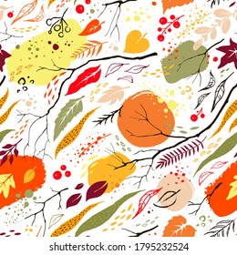 Autumn seamless pattern with branches, leaves and decorative elements.Vector hand drawn print.