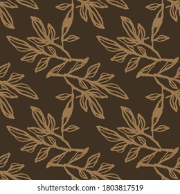 Patrón ininterrumpido de otoño con siluetas de ramas. Fondo marrón con adorno de contorno botánico beige claro. Excelente para papel de pared, textil, papel envolvente, impresión de tela. Ilustración vectorial.