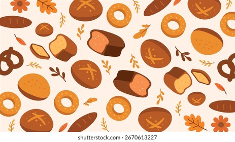 Autumn seamless pattern with bread pastry bakery food decoration
