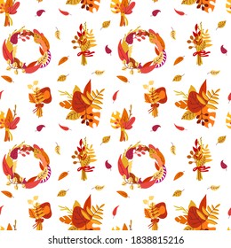 Herbstnahtloses Muster von hellen Kompositionen, Kränzen, Bouquets und Herbstblättern.Vektorgrafik.