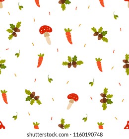 Autumn seamless pattern with bright leaves, acorns, mushrooms