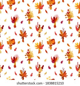 Autumn seamless pattern of bright leaves bouquets and falling autumn leaves.Vector illustration.