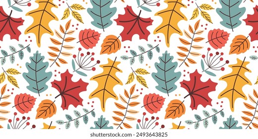 Autumn seamless pattern with bright leaves in trendy design. Fall season vector illustration in flat style. 
