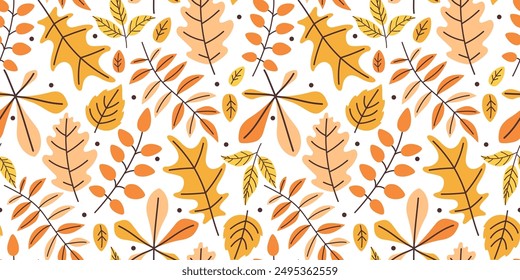 Autumn seamless pattern with bright leaves in trendy design. Fall season vector illustration in flat style. Textile, wallpaper and scrapbook paper pattern.
