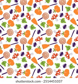 Autumn seamless pattern with broom, fly agaric, spider, pumpkin, leaf and lollipop. Halloween theme. Graphic design vector illustration. In a hand-drawn style, on a white background.