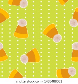 Autumn seamless pattern with brown hats and white circles on light green polka dot background. Print for children.Template design for invitation, poster, card, flyer, banner. 