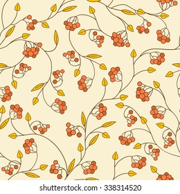 Autumn seamless pattern with brunch of rowan. Floral background. 