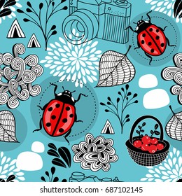  Autumn seamless pattern with bugs and berries in the basket. Vector illustration.