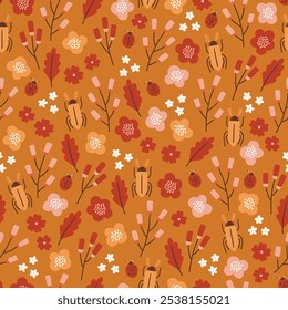 Autumn seamless pattern with bugs, flowers, leaves, ladybugs on yellow background. Perfect for seasonal greetings, wallpaper, wrapping paper, fabric. Vector illustration