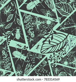 Autumn seamless pattern with bugs, plants and triangles. Vector illustration.