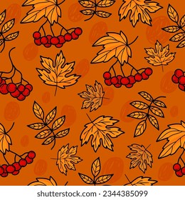 Autumn seamless pattern. Bunches of fall rowan red berry on orange background with yellow leaves. Vector autumnal illustration for design, packaging, wallpaper and textile.