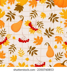 Autumn seamless pattern. Bunches red rowan with orange pumpkin on light checkered background with fall variegated leaves. Vector autumnal illustration for design, packaging, wallpaper and textile