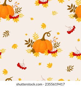 Autumn seamless pattern. Bunches of rowan with pumpkin on light background with fall leaves. Vector autumnal illustration for design, packaging, wallpaper and textile