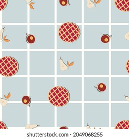 Autumn seamless pattern with cake, cup of tea, leaves and pear.