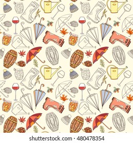 Autumn seamless pattern can be used for wallpaper, website background, wrapping paper. Autumn elements design of rubber boots, hat, grapes, acorn, umbrella, vine glass, wine cask, jam, watering can