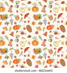 Autumn seamless pattern can be used for wallpaper, website background, wrapping paper. Autumn elements design of rubber boots, hat, grapes, acorn, umbrella, vine glass, wine cask, jam, watering can