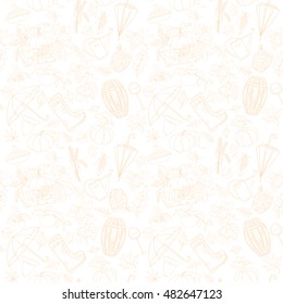 Autumn seamless pattern can be used for wallpaper, website background, wrapping paper. Autumn elements design of rubber boots, hat, grapes, acorn, umbrella, vine glass, wine cask, jam, watering can
