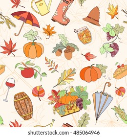Autumn seamless pattern can be used for wallpaper, website background, wrapping paper. Autumn elements design of rubber boots, hat, grapes, acorn, umbrella, vine glass, wine cask, jam, watering can