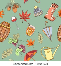 Autumn seamless pattern can be used for wallpaper, website background, wrapping paper. Autumn elements design of rubber boots, hat, grapes, acorn, umbrella, vine glass, wine cask, jam, watering can
