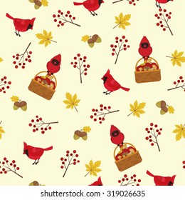 Autumn seamless pattern with cardinal bird, basket full of fall figments, fall leaves and berries