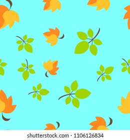 Autumn seamless pattern with cartoon green, orange and yellow leaves on light blue for wrapping paper. Vector illustration eps 10