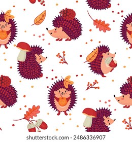 Autumn seamless pattern with  cartoon hedgehogs,mushroom,acorn,apple,cone.Funny background with wild animal characters and fall leaves.Vector graphic designs set isolated on white.Printing on fabric. 