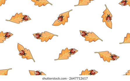 Padrão contínuo de outono com joaninha de desenho animado. Inseto bonito fica em uma folha que cai. Cor amarela, laranja, vermelha, rosa no fundo branco. Design vetorial para têxtil, papel de parede, capa, papel de embrulho.