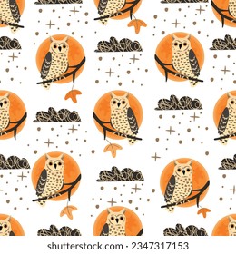 Autumn seamless pattern with cartoon owl,huge moon and clouds. Cute character sits on a branch with the last leaf. Colorful print on fabric and paper.Vector hand drawn illustration on a white.