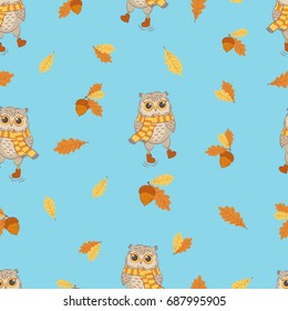 Autumn seamless pattern with cartoon owls and oak leaves on blue. Vector fall background.