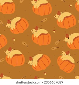 autumn seamless pattern with cartoon pumpkin and cat. cute fall autumn wallpaper for holiday theme, gift wrap paper