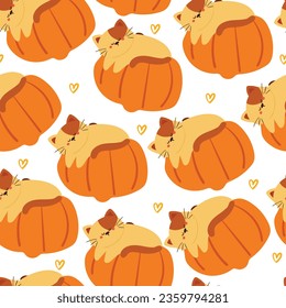 autumn seamless pattern with cartoon pumpkin and cat. cute fall autumn wallpaper for holiday theme, gift wrap paper