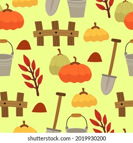 Autumn seamless pattern with cartoon pumpkins, twigs, bucket, shovel, decorative  elements. season. nature theme. Design for fabric, print, textile, wrapping paper
