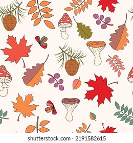Autumn seamless pattern in cartoon style with autumn leaves of maple, oak and other plants, berries, mushrooms, cones. Great for pouching on fabric, wallpaper, wrapping paper